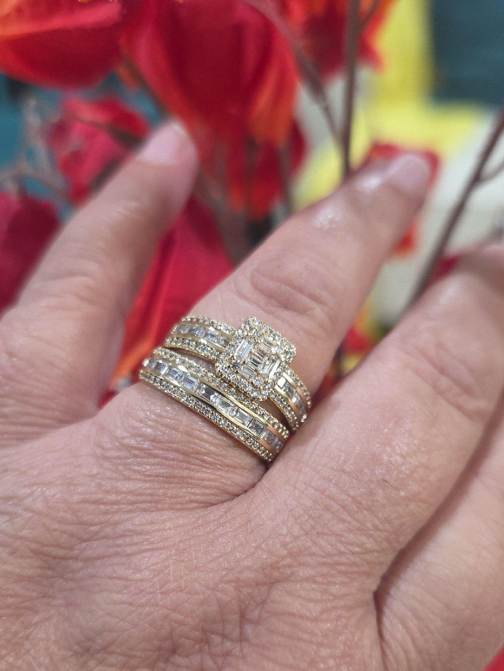 14k Gold Plated Bridal Ring Set with Emerald-Cut Center and Pavé Diamonds